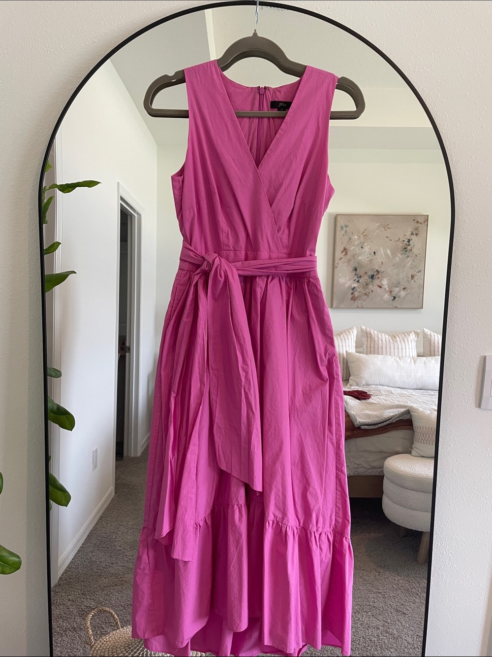 J. Crew Fuchsia Sleeveless V-Neck Midi Dress with Waist Tie